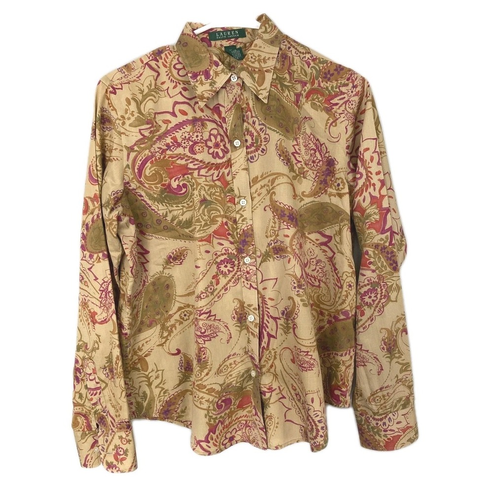 Lauren Ralph Lauren Shirt Women M Big Paisley Button Up Long Sleeve Cotton EUC